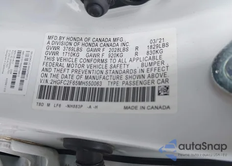 2021 Honda Civic Lx from USA, damaged, VIN 2HGFC2F65MH550063